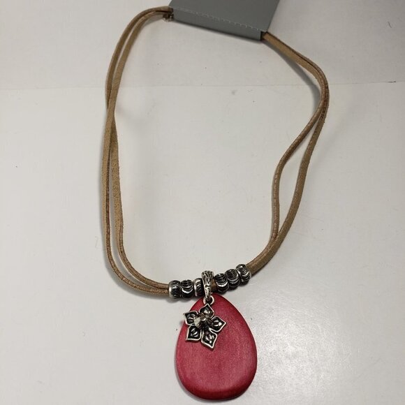 Layered Leather Cord Silver-tone Beads Necklace Red Pendant - New York & Co. - Picture 7 of 9